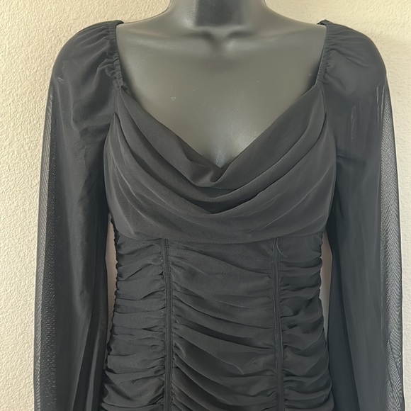 Princess Polly Everly Black Sheer Balloon Sleeve Ruched Cowl Neck Mini Dress - Picture 4 of 11